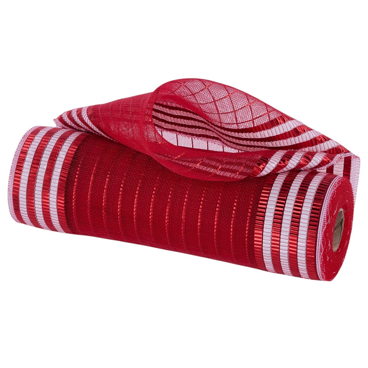 Deco Mesh: 10" Red and White Fine Weave Mesh with Metallic Foil Stripes, 30' Feet, Fabric Ribbon for Wreaths, Bows, Crafts, and Party Decorations